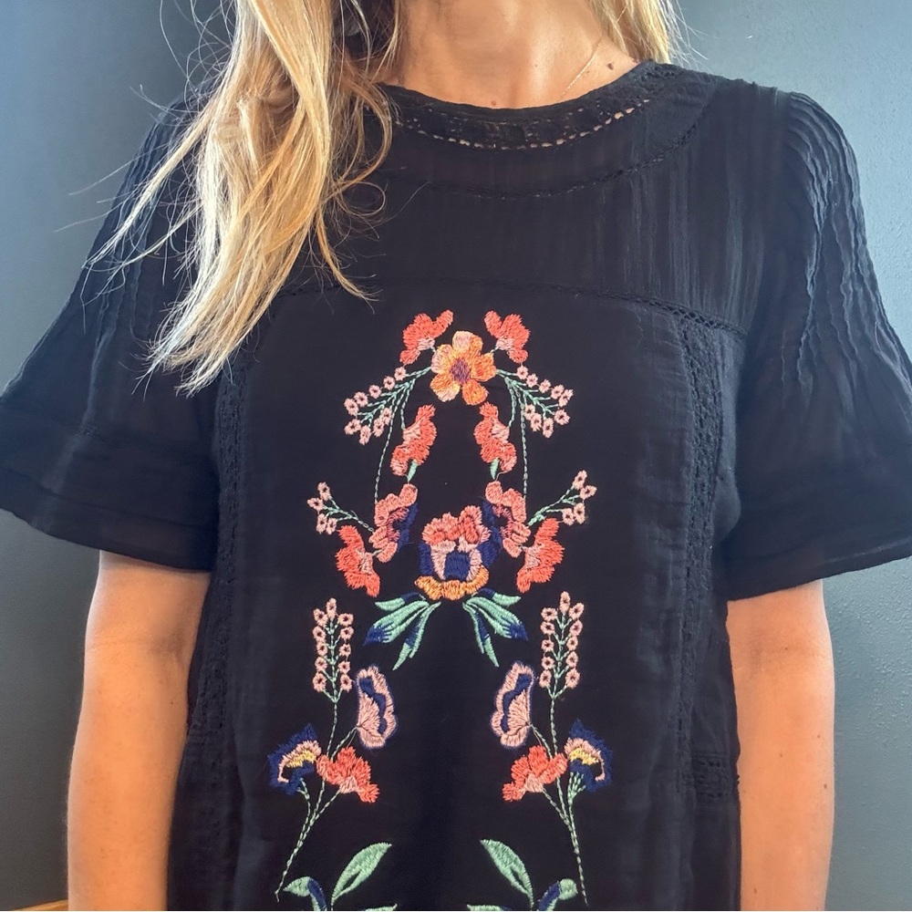 Free People Perfectly Victorian Black with Floral Embroidery Mini Dress - Picture 4 of 10